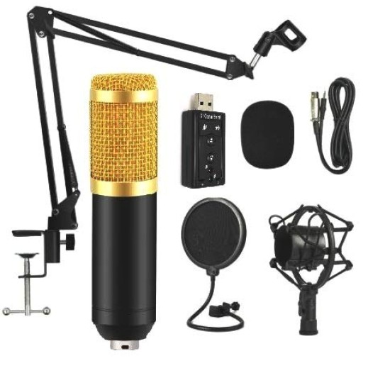 Powerpak BM-800 Professional Condenser Microphone Kit with Scissor Stand Sound Card Pop Filter XLR Cable Foam Cap and Shock Mount (Black)