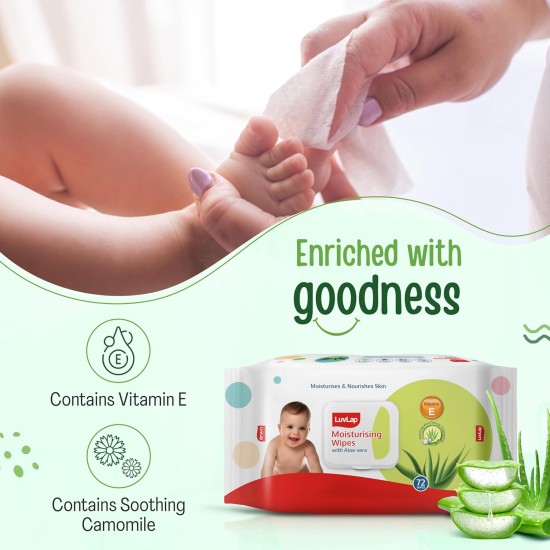 LuvLap Paraben Free Baby Wipes with Aloe Vera, with Fliptop Lid (72 Wipes/Pack)