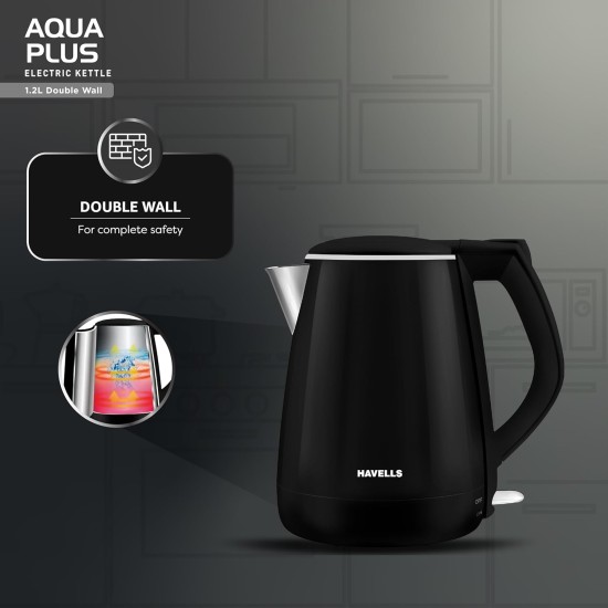 Havells Electric Kettle Aqua Plus 1250 Watts 1.2 liters , Double Layered Cool Touch Outer Body | 304 Rust Resistant SS Inner Body with Auto Shut Off | Wider Mouth | 2 Yr Manufacturer Warranty (Black) Havells Electric Kettle Aqua Plus 1250 Watts 1.2 liters , Double Layered Cool Touch Outer Body | 304 Rust Resistant SS Inner Body with Auto Shut Off | Wider Mouth | 2 Yr Manufacturer Warranty (Black)