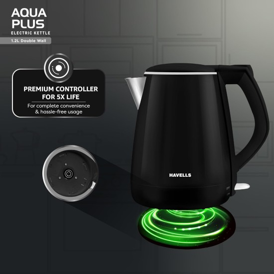 Havells Electric Kettle Aqua Plus 1250 Watts 1.2 liters , Double Layered Cool Touch Outer Body | 304 Rust Resistant SS Inner Body with Auto Shut Off | Wider Mouth | 2 Yr Manufacturer Warranty (Black) Havells Electric Kettle Aqua Plus 1250 Watts 1.2 liters , Double Layered Cool Touch Outer Body | 304 Rust Resistant SS Inner Body with Auto Shut Off | Wider Mouth | 2 Yr Manufacturer Warranty (Black)