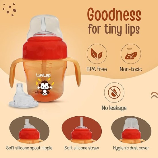LuvLap Banana Time 150ml Anti Spill, Interchangeable Sipper / Sippy Cup with Soft Silicone Spout and Straw BPA Free, 6m+ (Orange)