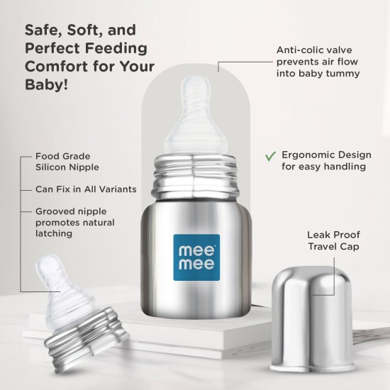 Mee Mee Baby Steel Feeding Bottle 120ml | Baby Milk Bottle with Advanced Anti Colic Valve, BPA Free, Soft Silicone Teat, Slim Neck for Babies/Infants/Newborns of 0-2 Years