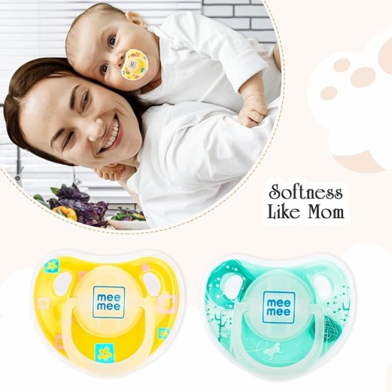 Mee Mee Baby Silicone Pacifier | Orthodontic Nipple for Oral Stimulation | Unique Shape to Support Psychological Breathing | Soother for Babies | Easy to Clean | 0-18 Months (Yellow/Green)