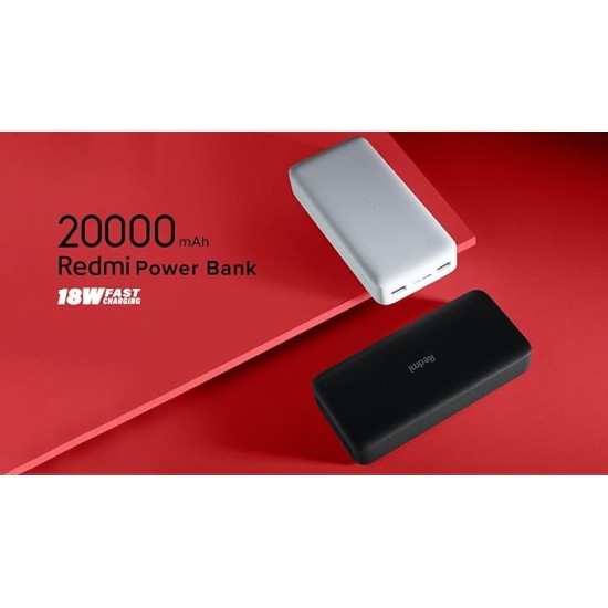 Xiaomi Redmi 20000mAh Li-Polymer Power Bank, USB Type-C Inputand Micro USB Ports, 18W Fast Charging, Low Power Mode, Black