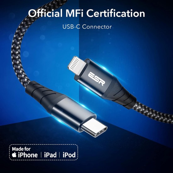 ESR USB C to Lightning Cable, 10ft Nylon MFi Certified Fast Charging Cable Compatible with iPhone 14/14 Plus/14 Pro/14 Pro Maxet Series 13/12/11/SE/XR/XS/X/8, iPad 9/8/7/Air 3, Black