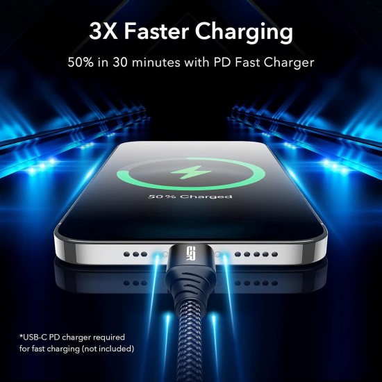 ESR USB-C to Lightning Cable, 0.5 ft (0.2 m), MFi-Certified, PD Fast Charging Cable for iPhone 14/14 Plus/14 Pro/14 Pro Max, iPhone 13/12 Series, iPhone SE 2022/11/XR, Braided Nylon, Black