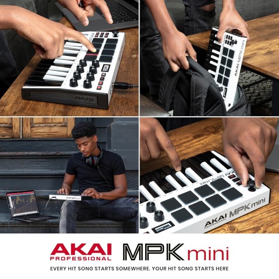 Akai Professional MPK mini MK3 – 25 Key USB MIDI Keyboard Controller With 8 Backlit Drum Pads, 8 Knobs and Music Production Software included (White)