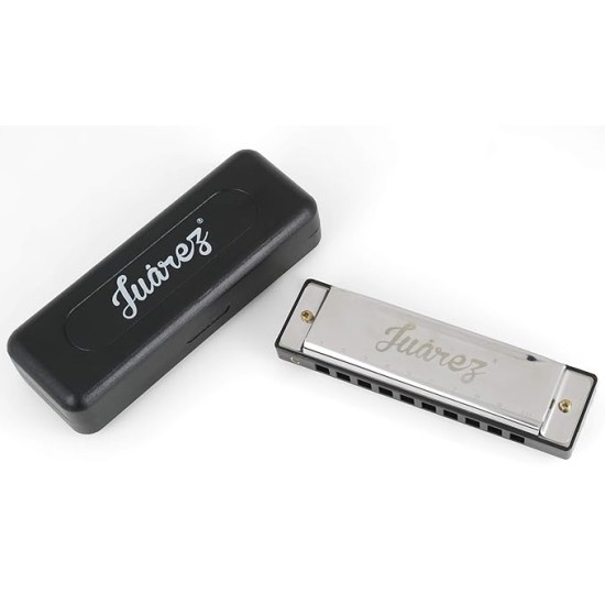Juarez JRZ10HM Key C Diatonic Blues Harmonica 10 Hole 20 Tones with Case, Mouth Organ for Beginners, Students, Kids & Professionals, Silver