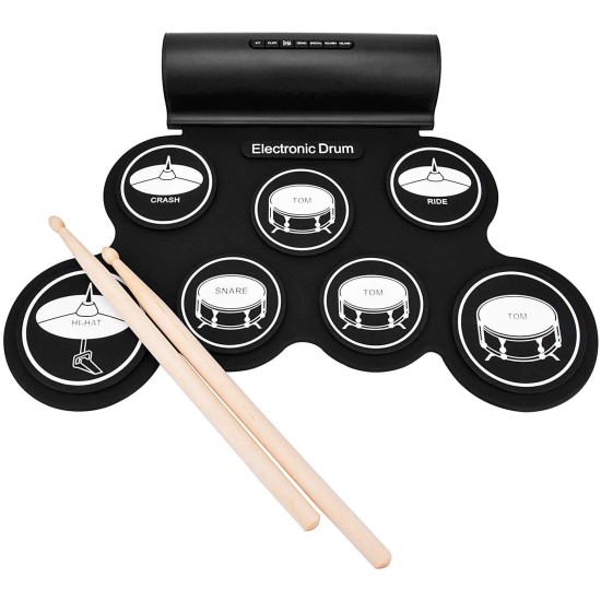 Powerpak G3001L-P Electronic Drum Kit Built-in Li-Battery 2000mAh Roll Up Drum Pad Portable Rechargeable Drum Kit with Headphone Jack Built-in Dual Speaker 2x Drum Pedals 2x Drum Sticks