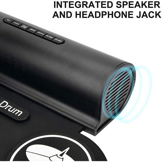 Powerpak G3001L-P Electronic Drum Kit Built-in Li-Battery 2000mAh Roll Up Drum Pad Portable Rechargeable Drum Kit with Headphone Jack Built-in Dual Speaker 2x Drum Pedals 2x Drum Sticks