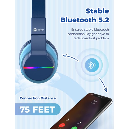 iClever Bluetooth Headphones with Mic, Headphones for Kids with 74/85/94dB Volume Limited Over The Ear Headset, 40H Playtime, Bluetooth 5.0, BTH12 Headphones for Boys Children Headphones, Blue iClever Bluetooth Headphones with Mic, Headphones for Kids with 74/85/94dB Volume Limited Over The Ear Headset, 40H Playtime, Bluetooth 5.0, BTH12 Headphones for Boys Children Headphones, Blue