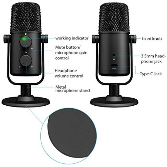 MAONO AU-902 USB Condenser Podcast Microphone, with Dual Volume Control, Mute Button, Monitor Headphone Jack, Plug and Play Mic for Vlogging, Gaming, Studio Recording, YouTube