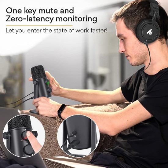 MAONO AU-902 USB Condenser Podcast Microphone, with Dual Volume Control, Mute Button, Monitor Headphone Jack, Plug and Play Mic for Vlogging, Gaming, Studio Recording, YouTube