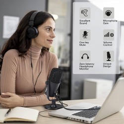 MAONO AU-902 USB Condenser Podcast Microphone, with Dual Volume Control, Mute Button, Monitor Headphone Jack, Plug and Play Mic for Vlogging, Gaming, Studio Recording, YouTube