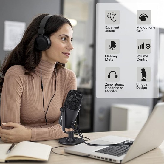 MAONO AU-902 USB Condenser Podcast Microphone, with Dual Volume Control, Mute Button, Monitor Headphone Jack, Plug and Play Mic for Vlogging, Gaming, Studio Recording, YouTube