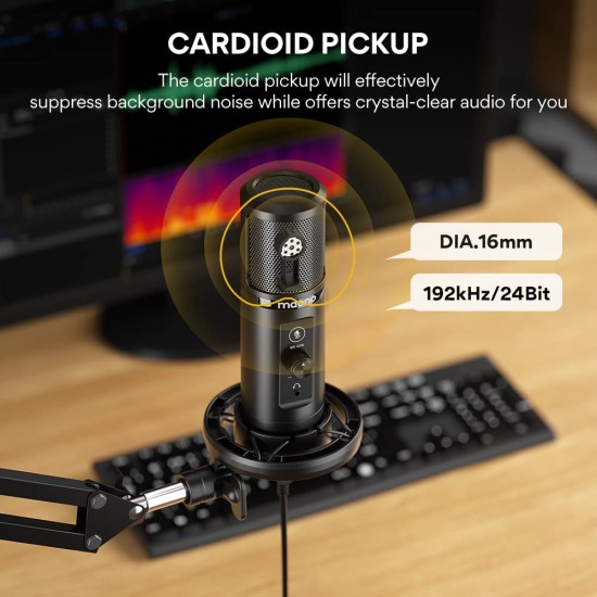 MAONO Au-Pm422 Podcast USB Microphone With Zero Latency Monitoring,192Khz/24Bit Professional Cardioid Condenser Mic With Touch Mute Button And Mic Gain Knob For Recording,Podcasting,Gaming,Youtube