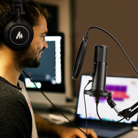 MAONO Au-Pm422 Podcast USB Microphone With Zero Latency Monitoring,192Khz/24Bit Professional Cardioid Condenser Mic With Touch Mute Button And Mic Gain Knob For Recording,Podcasting,Gaming,Youtube