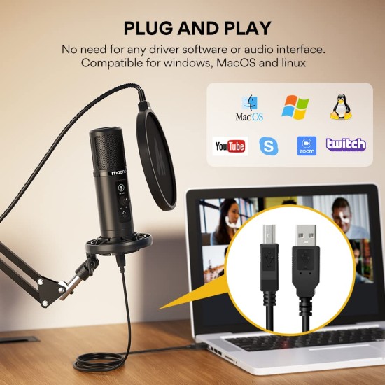 MAONO Au-Pm422 Podcast USB Microphone With Zero Latency Monitoring,192Khz/24Bit Professional Cardioid Condenser Mic With Touch Mute Button And Mic Gain Knob For Recording,Podcasting,Gaming,Youtube