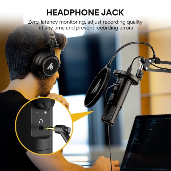 MAONO Au-Pm422 Podcast USB Microphone With Zero Latency Monitoring,192Khz/24Bit Professional Cardioid Condenser Mic With Touch Mute Button And Mic Gain Knob For Recording,Podcasting,Gaming,Youtube