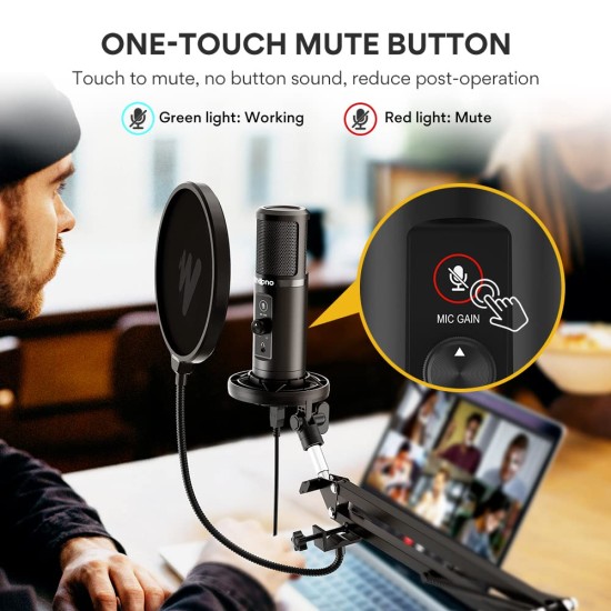 MAONO Au-Pm422 Podcast USB Microphone With Zero Latency Monitoring,192Khz/24Bit Professional Cardioid Condenser Mic With Touch Mute Button And Mic Gain Knob For Recording,Podcasting,Gaming,Youtube