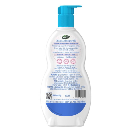 Dabur Baby Oil: Non - Sticky Baby Massage Oil with No Harmful Chemicals |Contains Jojoba , Olives & Almonds | Hypoallergenic & Dermatologically Tested with No Paraben & Phthalates - 500 ml