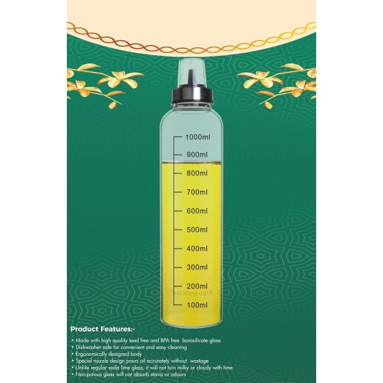 SIGNORA WARE Even Flow 1000ml Borosilicate Glass Oil Dispenser and Pourer with Measurement, Transparent and pointer Oil Nozzle with Covering Lid, Leakproof Spill Proof, Easy Refill (1 litre, Set 1) SIGNORA WARE Even Flow 1000ml Borosilicate Glass Oil Dispenser and Pourer with Measurement, Transparent and pointer Oil Nozzle with Covering Lid, Leakproof Spill Proof, Easy Refill (1 litre, Set 1)