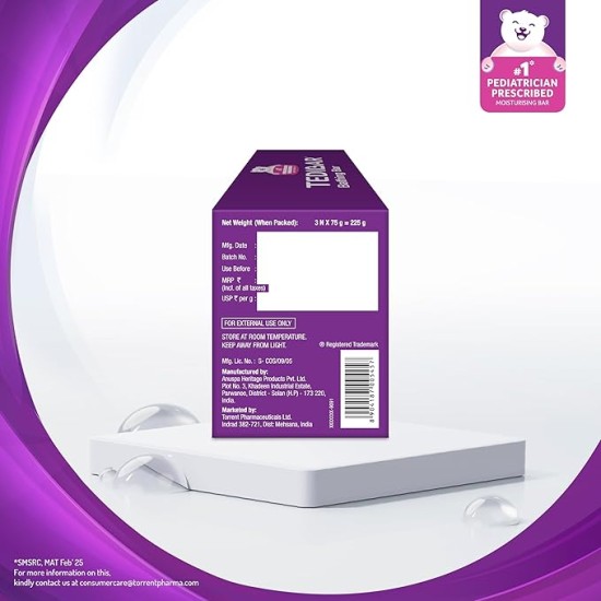 Tedibar Moisturising Baby Bathing Bar 75gx3 (Pack of 1) 100% Soap Free No. 1* Pediatrician Prescribed Moisturising Bar - By Torrent Pharma