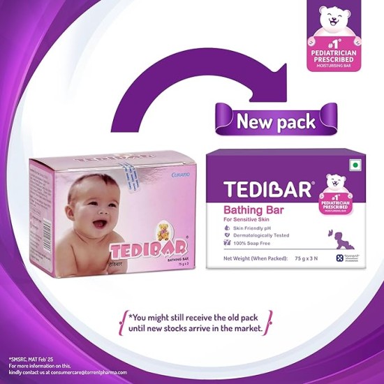 Tedibar Moisturising Baby Bathing Bar 75gx3 (Pack of 1) 100% Soap Free No. 1* Pediatrician Prescribed Moisturising Bar - By Torrent Pharma