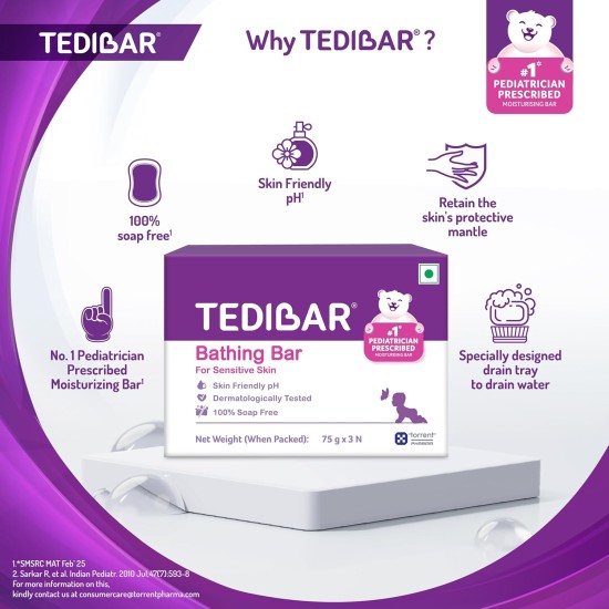 Tedibar Moisturising Baby Bathing Bar 75gx3 (Pack of 1) 100% Soap Free No. 1* Pediatrician Prescribed Moisturising Bar - By Torrent Pharma
