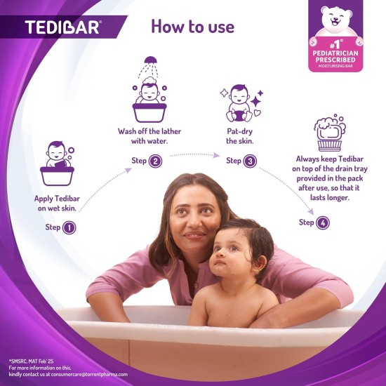 Tedibar Moisturising Baby Bathing Bar 75gx3 (Pack of 1) 100% Soap Free No. 1* Pediatrician Prescribed Moisturising Bar - By Torrent Pharma