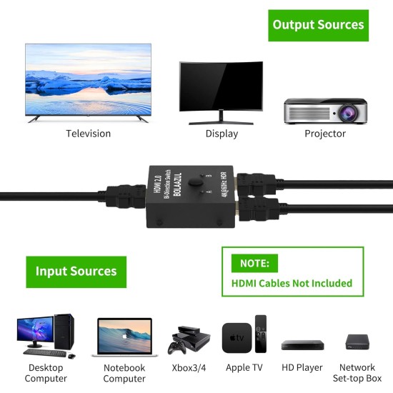 HDMI Switch Splitter 4K@60Hz, BolAAzuL Bi-Directional HDMI 2.0 Splitter Switcher 1 in 2 Out/2 in 1 Out HDMI Switch 2 Port Display Selector (2 x 1/1 x 2) 4K 3D HD 1080P for PS4,PC,Apple TV etc HDMI Switch Splitter 4K@60Hz, BolAAzuL Bi-Directional HDMI 2.0 Splitter Switcher 1 in 2 Out/2 in 1 Out HDMI Switch 2 Port Display Selector (2 x 1/1 x 2) 4K 3D HD 1080P for PS4,PC,Apple TV etc