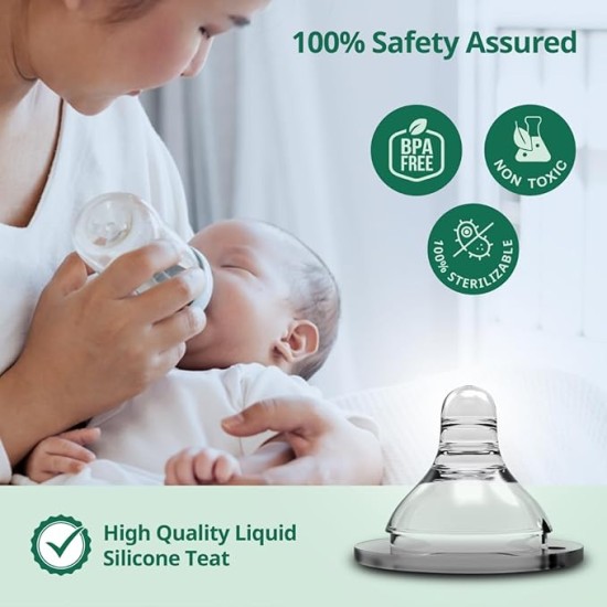 LuvLap Anti-Colic Natura Flo Teat/Nipple for Wide Neck Bottle,4pcs Slow Flow, 0m+, Made of Soft & Flexible Silicone, Ergonomic shape, Mimics breastfeeding, leak proof, BPA Free, comes with sturdy base