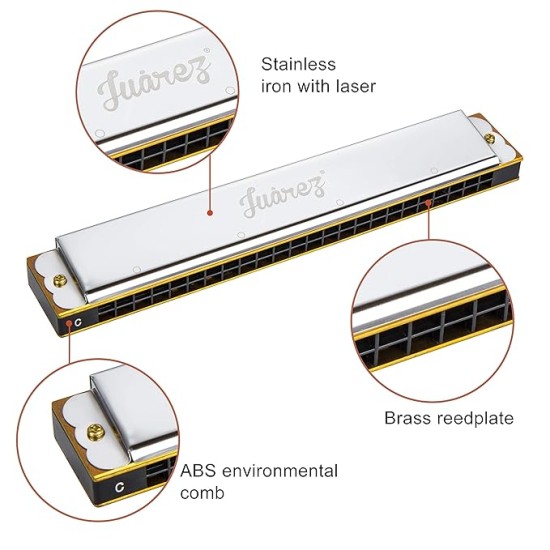 JUAREZ Viénto JRH24SL 24 Holes 48 Tones Professional Tremolo Polyphonic Harmonica Key of C Scale | Mouth Organ | Cover - Stainless Iron | Comb - Abs | Reed – Brass with Cloth & Case