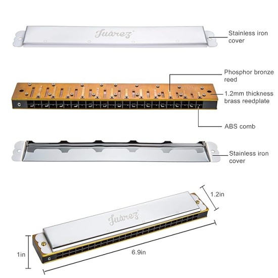 JUAREZ Viénto JRH24SL 24 Holes 48 Tones Professional Tremolo Polyphonic Harmonica Key of C Scale | Mouth Organ | Cover - Stainless Iron | Comb - Abs | Reed – Brass with Cloth & Case