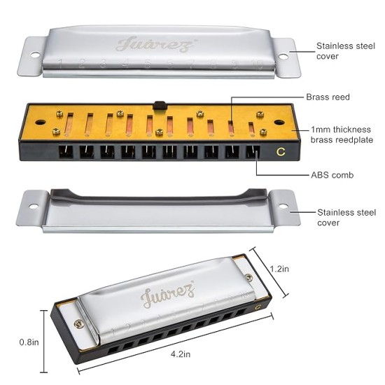 JUAREZ Azüre 10 Hole 20 Tone Diatonic Harmonica Key of C Scale | Mouth Organ | Cover - Stainless Steel | Comb - ABS | Reed - Phosphor Bronze with Cloth & Case