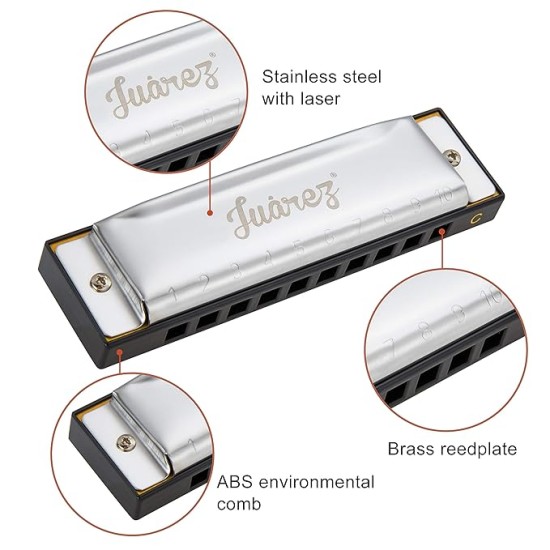 JUAREZ Azüre 10 Hole 20 Tone Diatonic Harmonica Key of C Scale | Mouth Organ | Cover - Stainless Steel | Comb - ABS | Reed - Phosphor Bronze with Cloth & Case