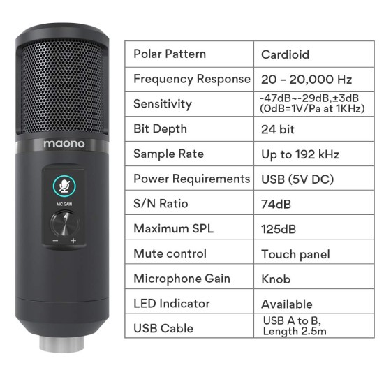 MAONO AU-PM421 Large Diaphragm Condenser USB Unidirectional Microphone, Professional Studio Recording Mic with 1-Touch Mute and Mic Gain Knob for Pc, Singing, Podcast, Gaming, YouTube (Black)