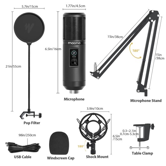 MAONO AU-PM421 Large Diaphragm Condenser USB Unidirectional Microphone, Professional Studio Recording Mic with 1-Touch Mute and Mic Gain Knob for Pc, Singing, Podcast, Gaming, YouTube (Black)