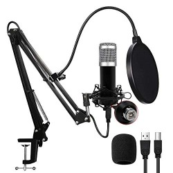 Powerpak BM-800 USB Condenser Microphone Kit for Gaming, Podcast, LiveStreaming, YouTube Recording Plug & Play with Scissor Stand Pop Filter USB Cable Foam Cap and Shock Mount (Black)