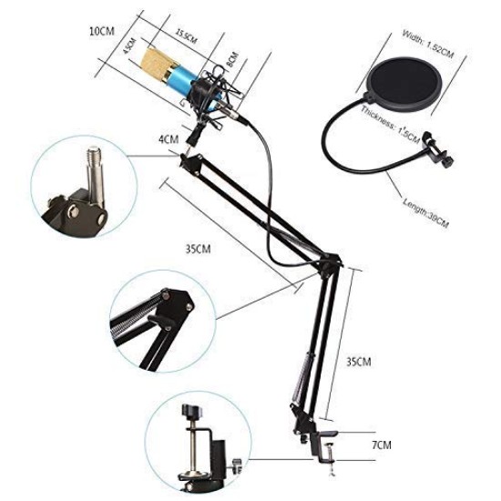 Powerpak BM-800 USB Condenser Microphone Kit for Gaming, Podcast, LiveStreaming, YouTube Recording Plug & Play with Scissor Stand Pop Filter USB Cable Foam Cap and Shock Mount (Black)