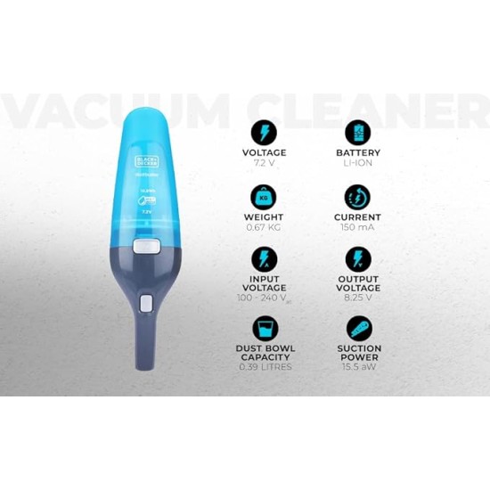 BLACK+DECKER WDC215WA-QW 7.2 V,10.8W Lithium-Ion Wet and Dry Cordless Dustbuster Handheld Vacuum Cleaner (Blue)-Charge Fully Before Using