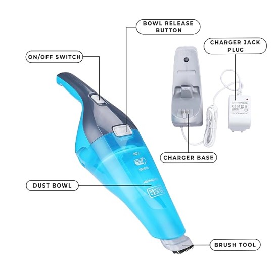 BLACK+DECKER WDC215WA-QW 7.2 V,10.8W Lithium-Ion Wet and Dry Cordless Dustbuster Handheld Vacuum Cleaner (Blue)-Charge Fully Before Using
