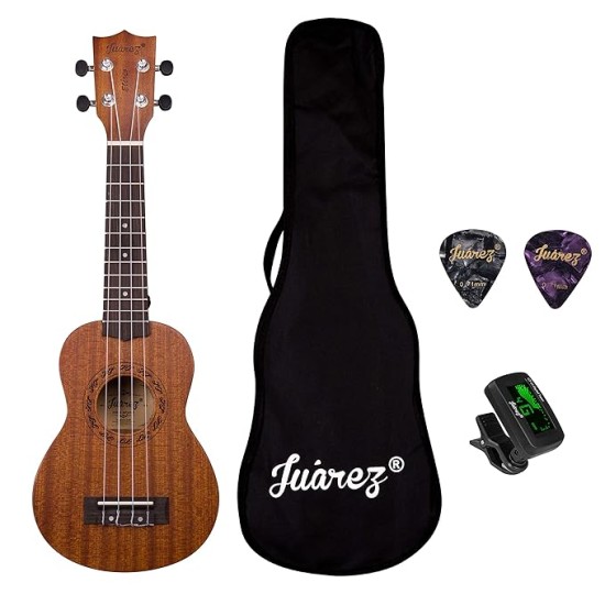 JUAREZ EtÃ©reo 21" Soprano Ukulele, Sapele Top & Body, Aquila Italian Strings, Black Diecast Machine, Rosewood Fretboard & Bridge with Gig Bag, 2 Picks, Digital Tuner, Natural