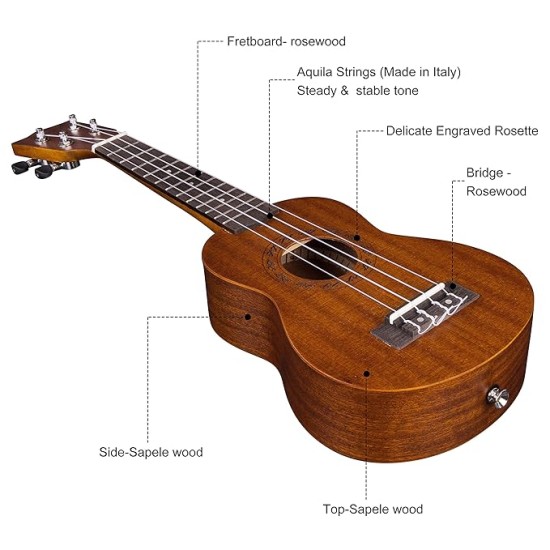 JUAREZ EtÃ©reo 21" Soprano Ukulele, Sapele Top & Body, Aquila Italian Strings, Black Diecast Machine, Rosewood Fretboard & Bridge with Gig Bag, 2 Picks, Digital Tuner, Natural