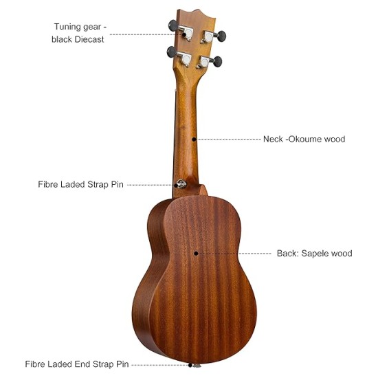 JUAREZ EtÃ©reo 21" Soprano Ukulele, Sapele Top & Body, Aquila Italian Strings, Black Diecast Machine, Rosewood Fretboard & Bridge with Gig Bag, 2 Picks, Digital Tuner, Natural