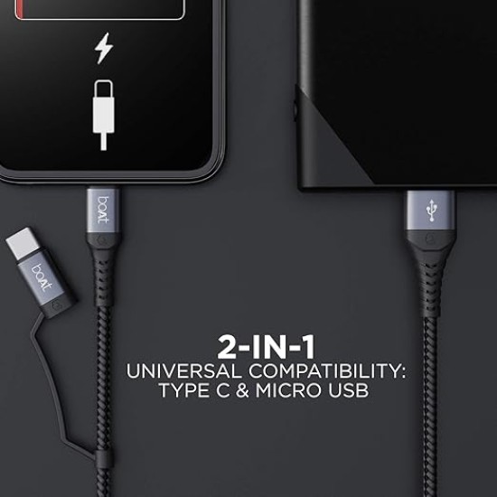 Boat - Lucky Cell Point Boat Deuce USB 300 2 in 1 Type-C & Micro USB Stress Resistant, Sturdy Cable with 3A Fast Charging & 480mbps Data Transmission, 10000+ Bends