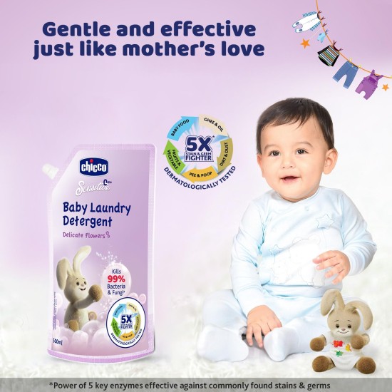 Chicco Baby Liquid Laundry Detergent, 5X Stain & Germ Fighter, Kills 99% of Germs, Dermatologically Tested, Effective & Gentle Cleaning, Delicate Flowers, Refill Pack (500 ML) Chicco Baby Liquid Laundry Detergent, 5X Stain & Germ Fighter, Kills 99% of Germs, Dermatologically Tested, Effective & Gentle Cleaning, Delicate Flowers, Refill Pack (500 ML)