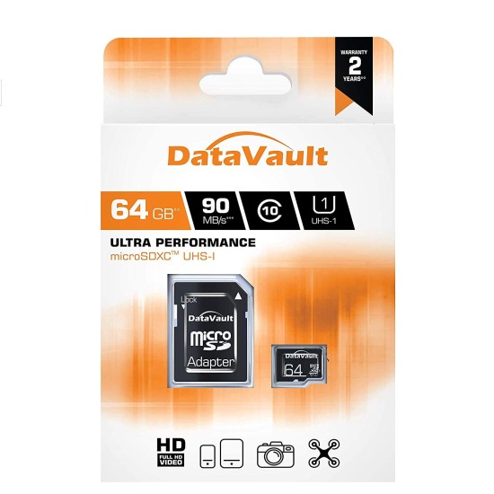 Data Vault 64GB Class 10 UHS1 U1 Memory Card with SD Adaptor Data Vault 64GB Class 10 UHS1 U1 Memory Card with SD Adaptor