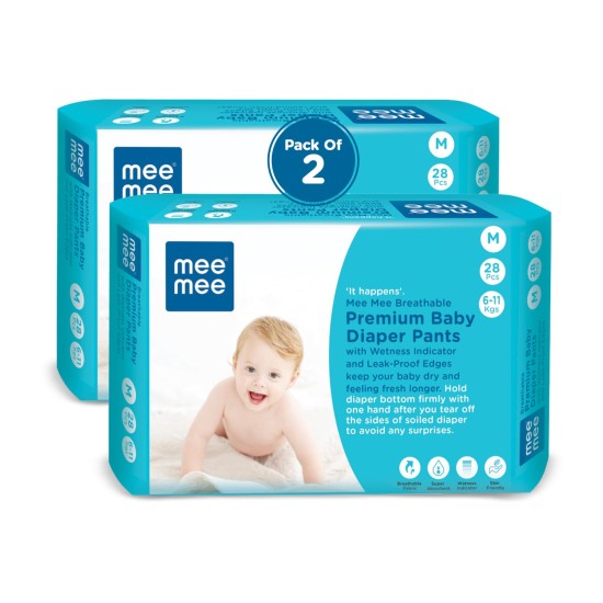 Mee Mee Breathable Premium Medium (M) Size Baby Diaper Pants with Wetness Indicator and Leak-Proof Edges, protection upto 12-hrs, M Size, 56 Pieces, 6-12 kg Mee Mee Breathable Premium Medium (M) Size Baby Diaper Pants with Wetness Indicator and Leak-Proof Edges, protection upto 12-hrs, M Size, 56 Pieces, 6-12 kg