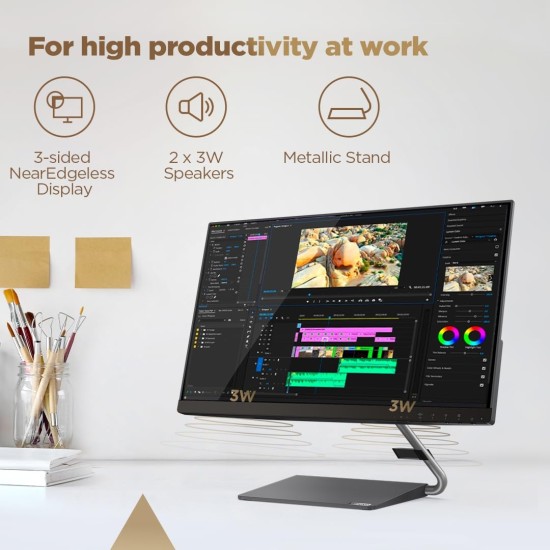 Lenovo Q-Series Q24H-10 24 Inch(60.45Cm) LED 2560 X 1440 Pixels 2K QHD IPS Ultraslim Monitor, All-in-One USB-C Port for Power & Data Transfer, 2 X 3W Speakers, 99% Srgb, 75Hz, AMD Freesync (Black)